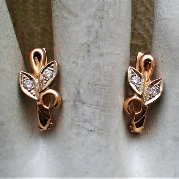 Vintage Russian USSR 14K 585 Rose Pink White Gold CZ Cluster Leaf EARRINGS - Picture 1 of 7